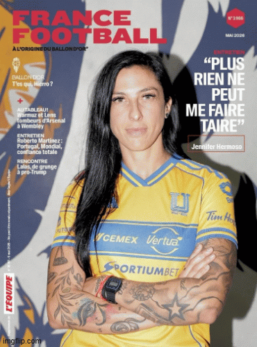 Cover of France Football magazine from May 2023 featuring Jennifer Hermoso in a yellow soccer jersey with her arms crossed, tattoos visible on her forearms, and a serious expression.