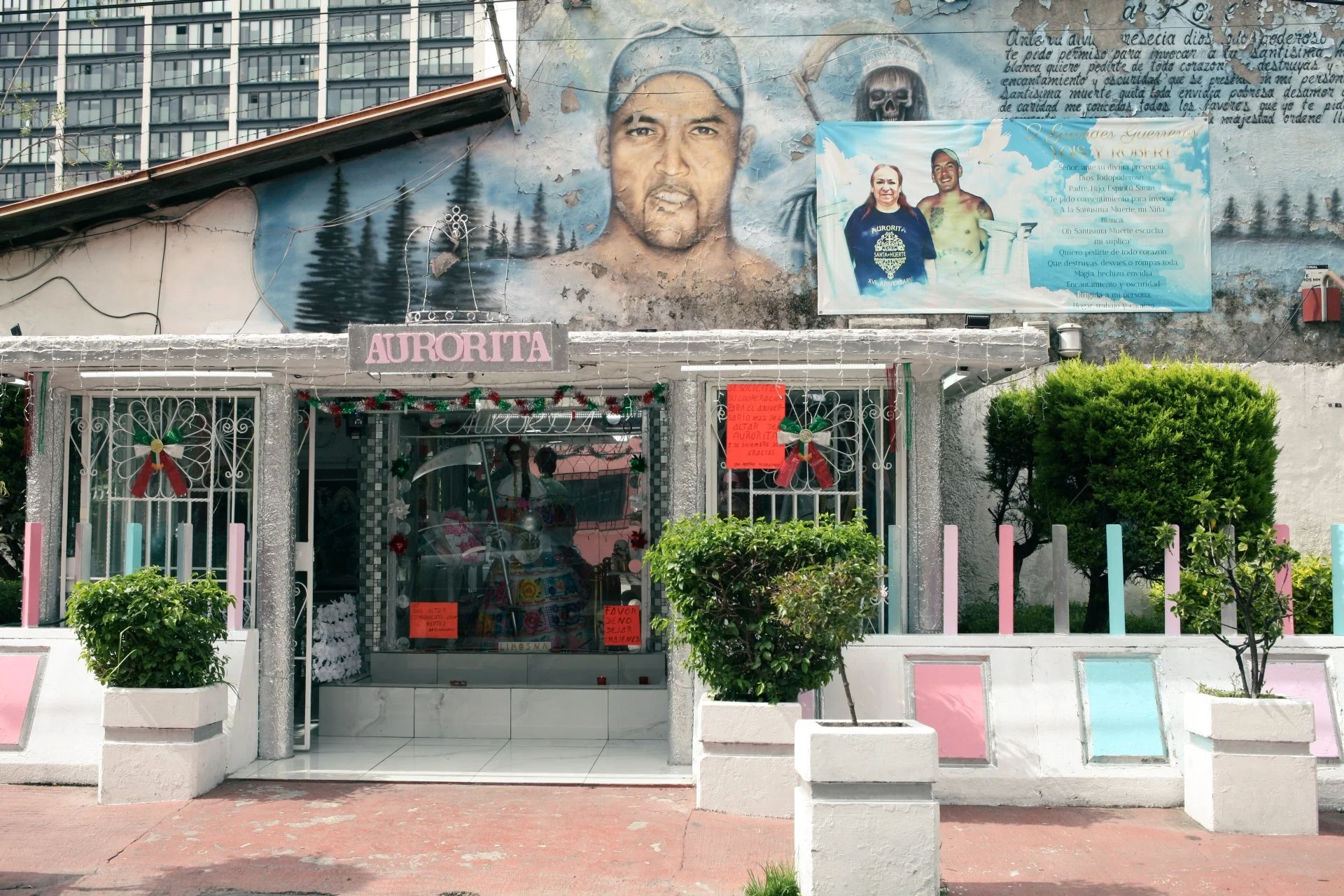 Front view of a small shop named 'Aurorita' decorated with Christmas ornaments, with a gated entrance, plant pots on both sides, and signs in Spanish on the door. Large murals of a man and a woman are painted on the wall behind the shop, with additio