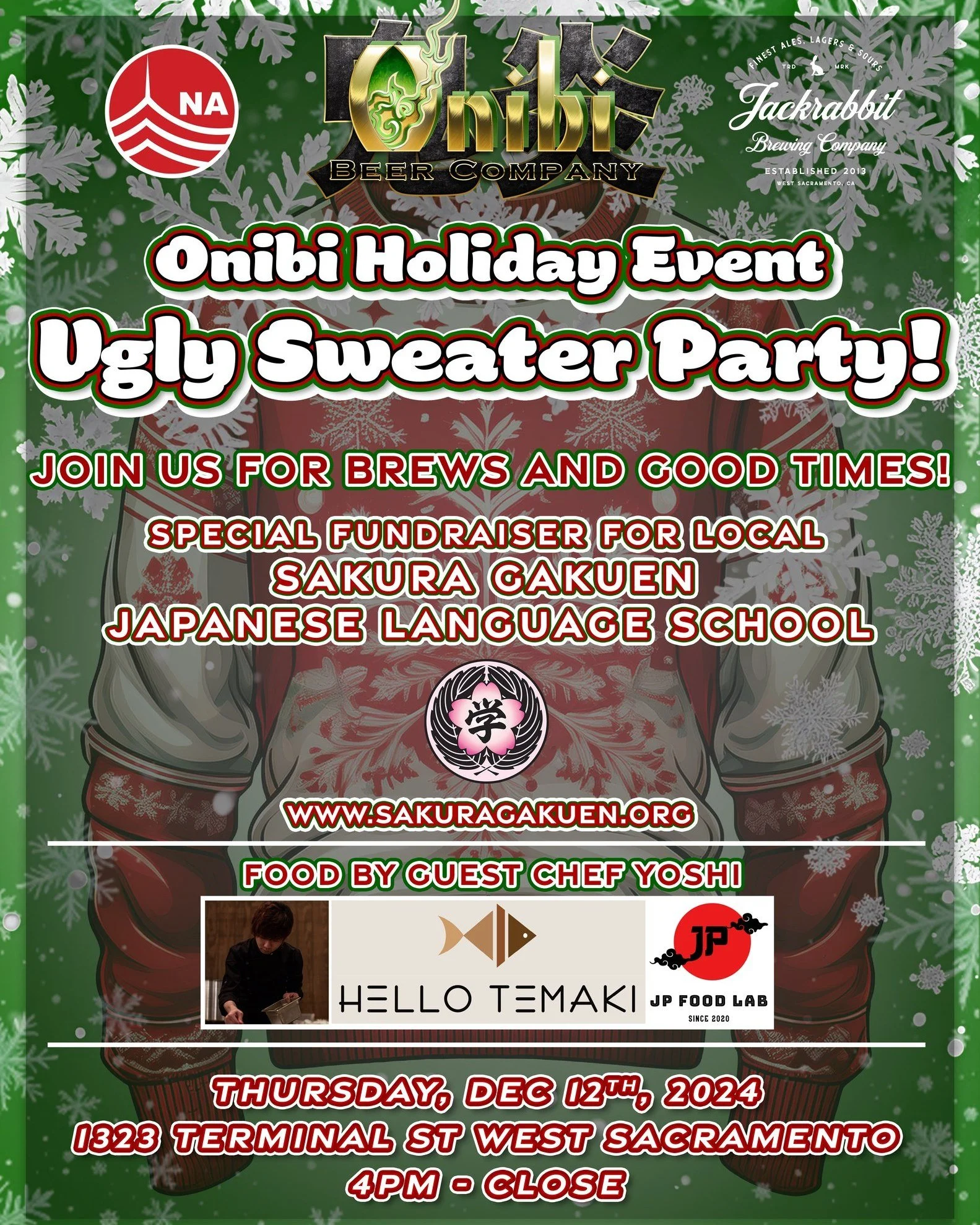 Join us on Dec. 12th for a Ugly Sweater Party!  Show off your more awesome holiday sweaters and enjoy some brews! Food By @xyxoxsxhxix @hellotemaki @jp_food_lab.  Also, This will be a special Fundraiser for Sakura Gakuen Japanese Language School. For