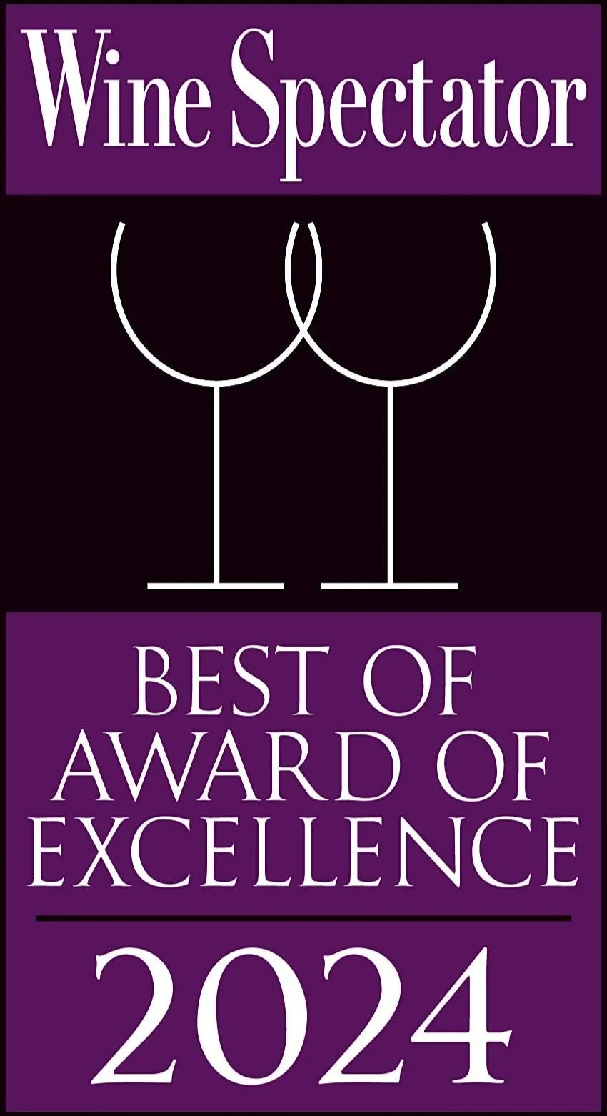 A graphic design featuring two stylized wine glasses clinking, with purple and black backgrounds. Text at the top reads 'Wine Spectator,' and at the bottom, it says 'Best of Award of Excellence 2024'.