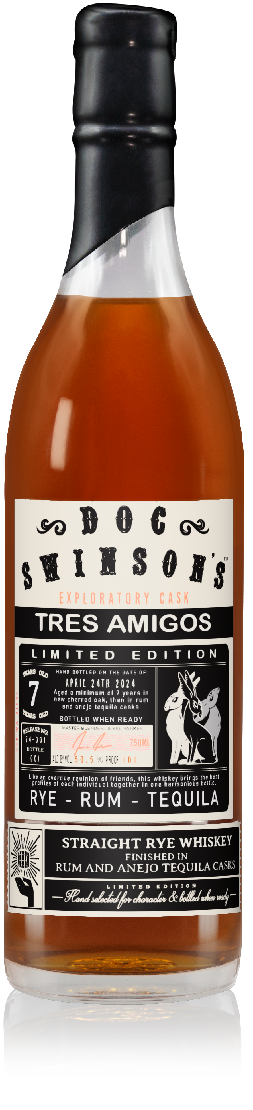 Bottle of Doc Swinson's Tres Amigos limited edition whiskey, aged 7 years in charred oak, with a label describing its flavor profile of rye, rum, and tequila, and indicating it was finished in rum and añejo tequila casks.