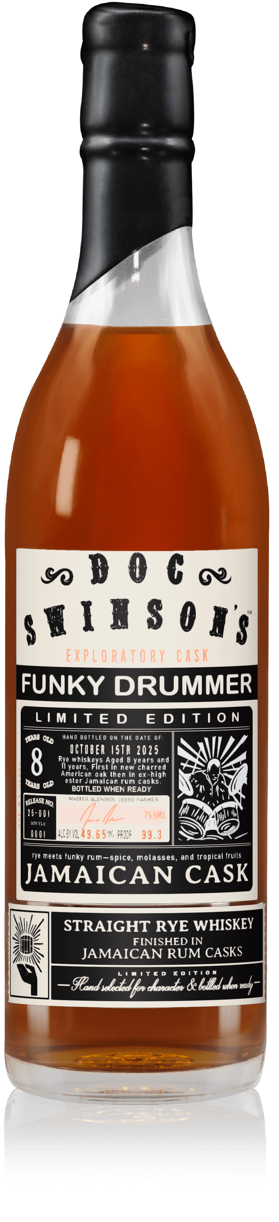 A bottle of Doc Swinson's Exploratory Cask Funky Drummer straight rye whiskey, bottled in Jamaica from rum casks, with a black and silver cap and a detailed label.