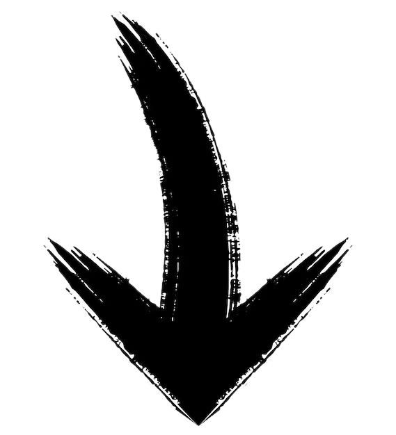 Black downward arrow with a sketchy, rough outline on a black background.