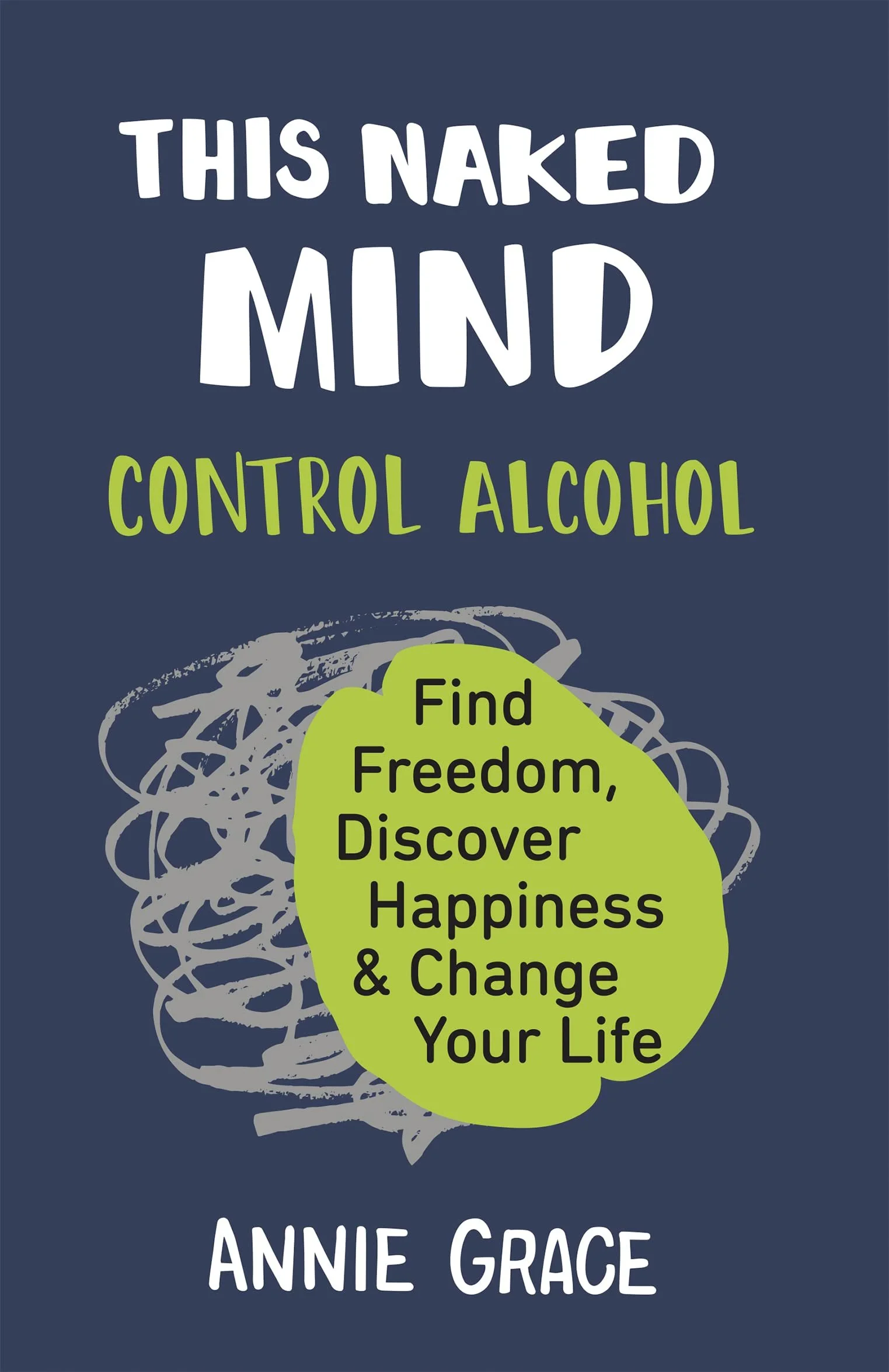 Book cover titled "This Naked Mind Control Alcohol" by Annie Grace, featuring a scribbled gray brain illustration on a dark blue background with a lime green shape containing the text "Find Freedom, Discover Happiness & Change Your Life."