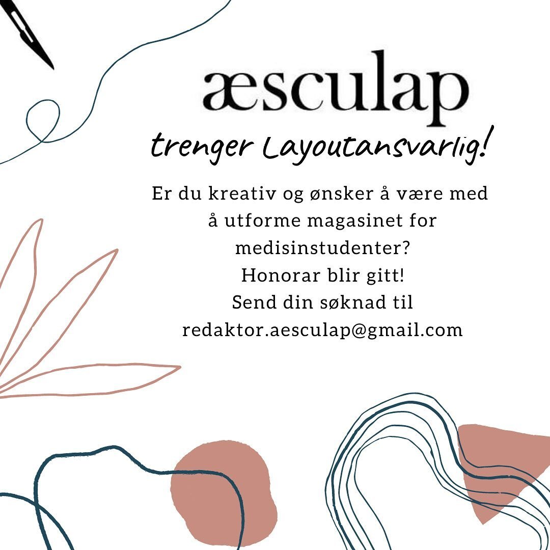 Lyst til å v&aelig;re med å utforme magasinet for medisinstudenter? &AElig;sculap trenger layoutansvarlig og faste spaltister! ✨🖋
- Layoutansvarlig: bruke Adobe Indesign til å utforme magasinets layout. For deg som liker kreativt arbeid og har li