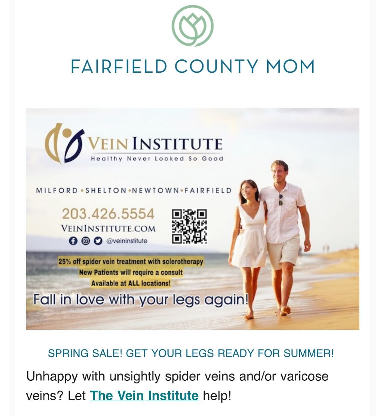 We were thrilled to be featured in Fairfield County Mom&rsquo;s newsletter last Friday!✨

As a thank you for the feature, we&rsquo;d like to offer 25% off spider vein treatment with sclerotherapy! (If not an existing patient, a consult is needed)

He