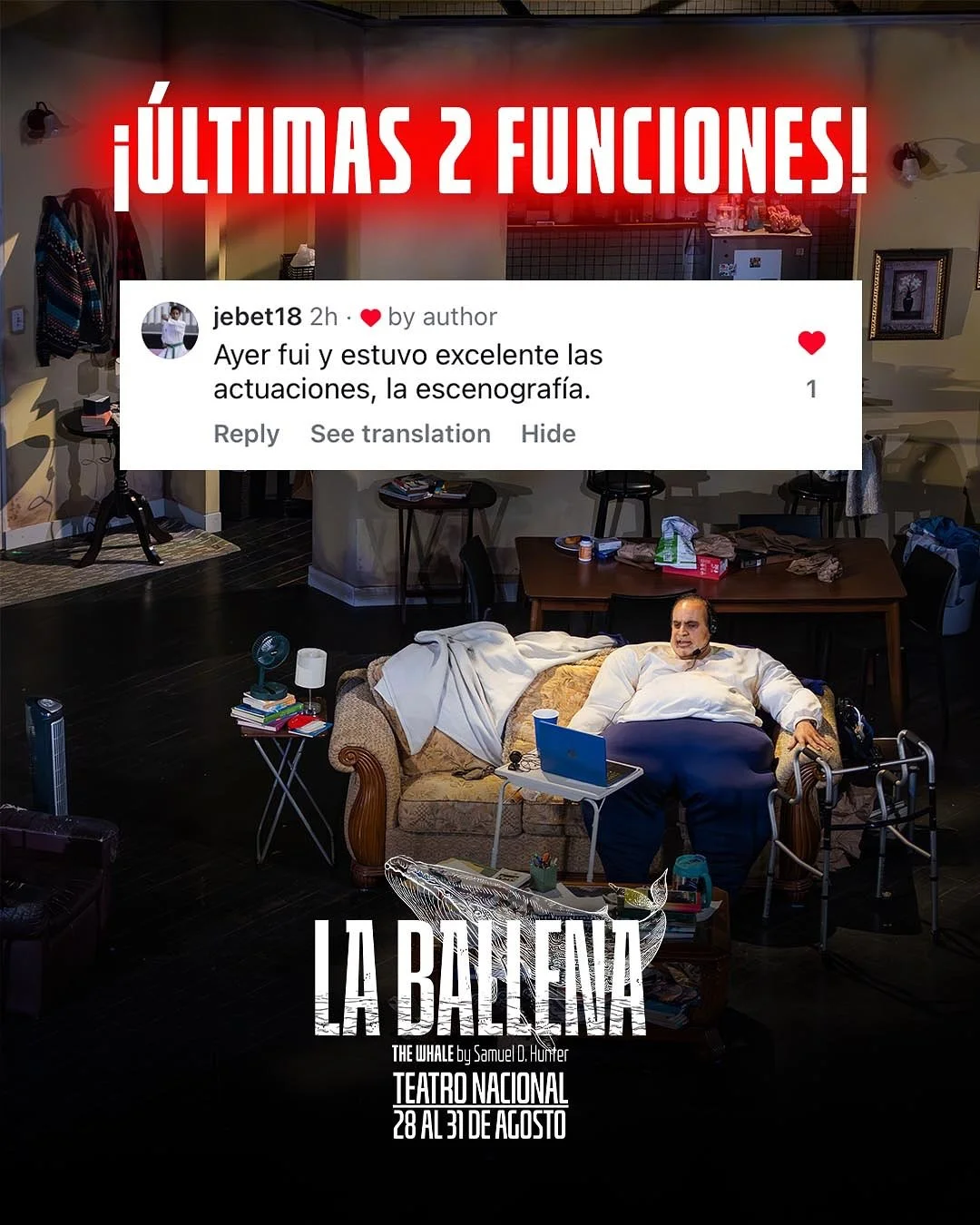 &iexcl;SOLO S&Aacute;BADO Y DOMINGO! Ven a vivir la conmovedora historia de un hombre luchando por una &uacute;ltima oportunidad. #LaBallenaPanama 🐋❤️&zwj;🩹
📸Fotos: @agusgon 
🎭 LA BALLENA
📍Teatro Nacional
🗓️28 al 31 de agosto
🎟️ Boletos de ven