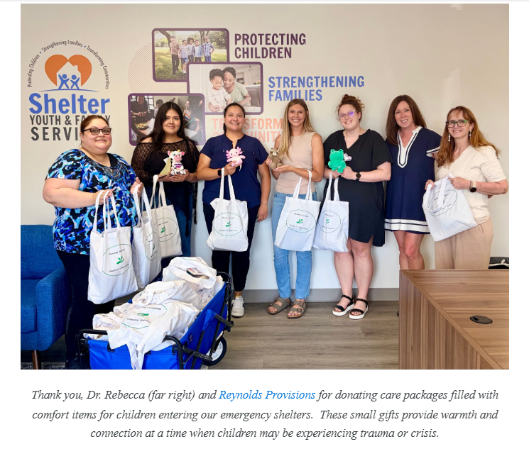 -26/27- SHELTER INC - Reynolds' Provisions Delivers 20 Teen Trauma Care Packages to Shelter Youth & Family Services

Reynolds' Provisions NFP Inc. was honored to donate **20 trauma care packages** to teenagers served by **Shelter Youth & Family Servi