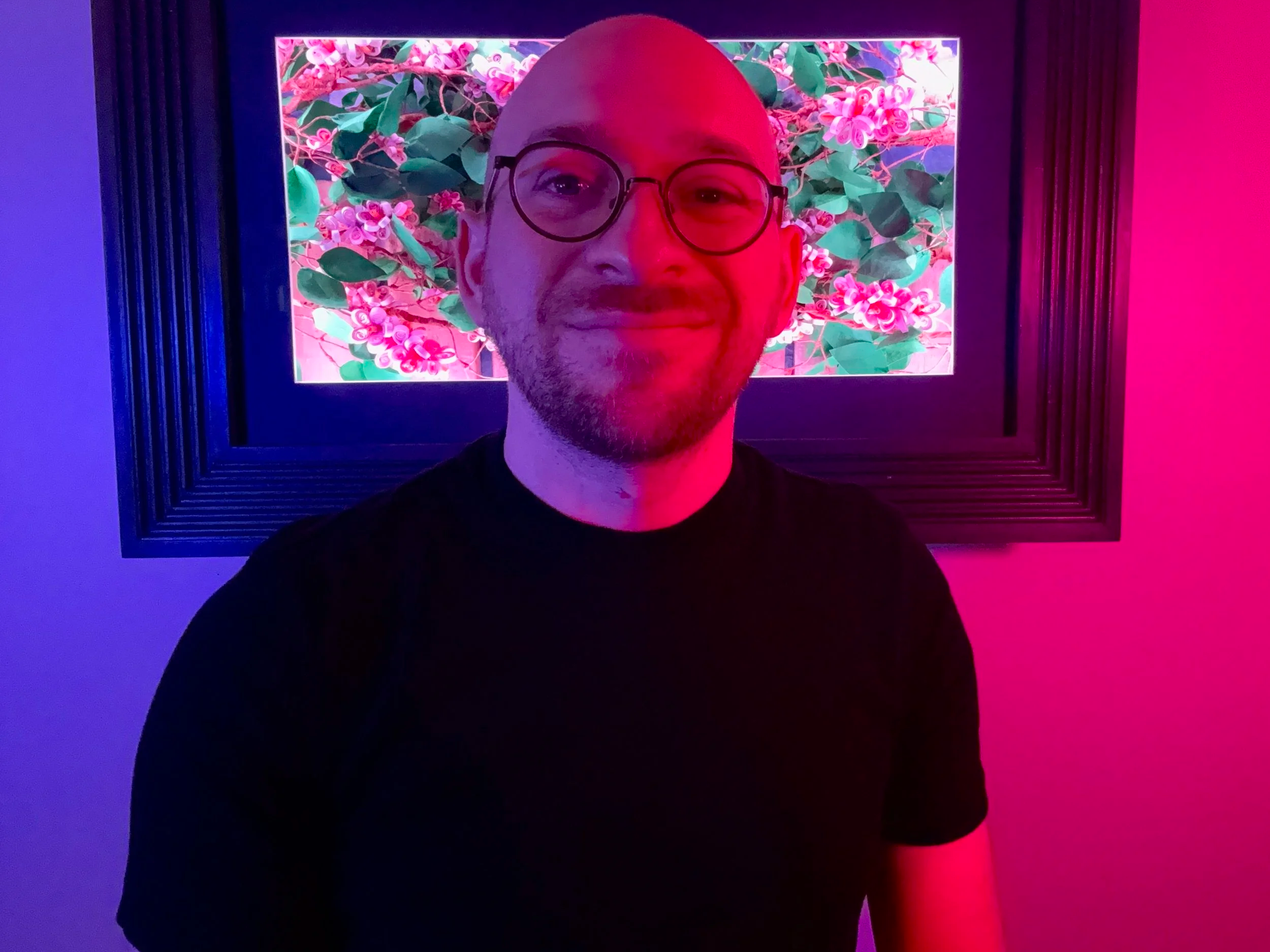 Photo of Michael Barnes in pink and blue lighting in front of "In Blossom"