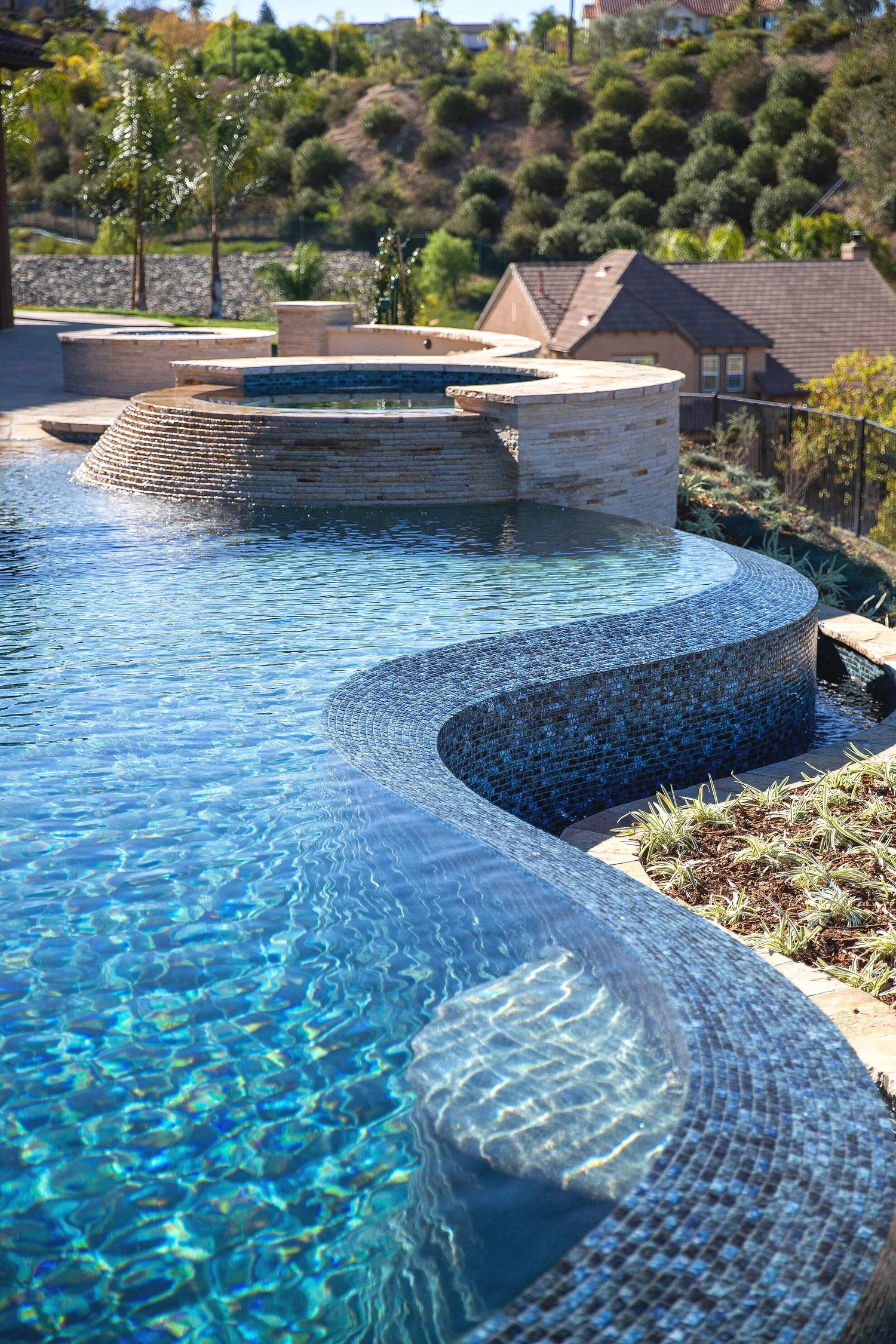 Hansen Waterscapes custom pool and spa in a landscaped California backyard