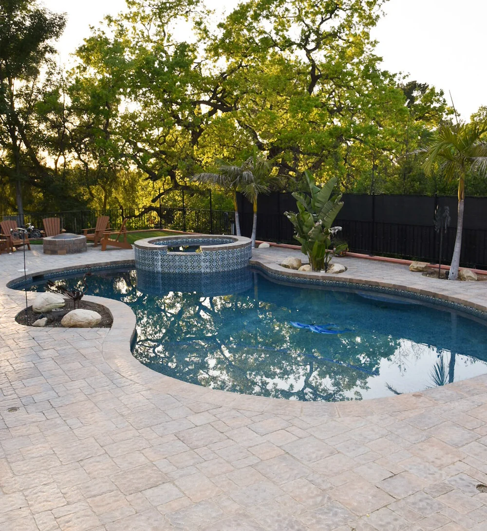 Curved backyard pool and raised circular spa with patterned tile, surrounded by pavers, trees and planting beds.