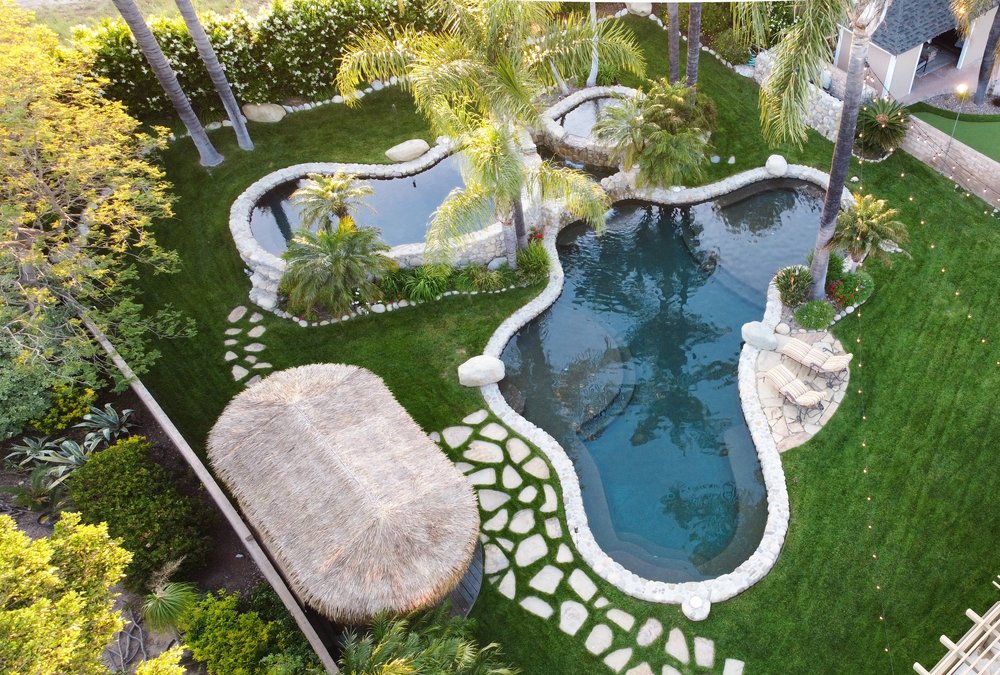 Overhead view of a winding pool with stone edging, palm trees, lawn, stepping stones, and a thatched shelter.