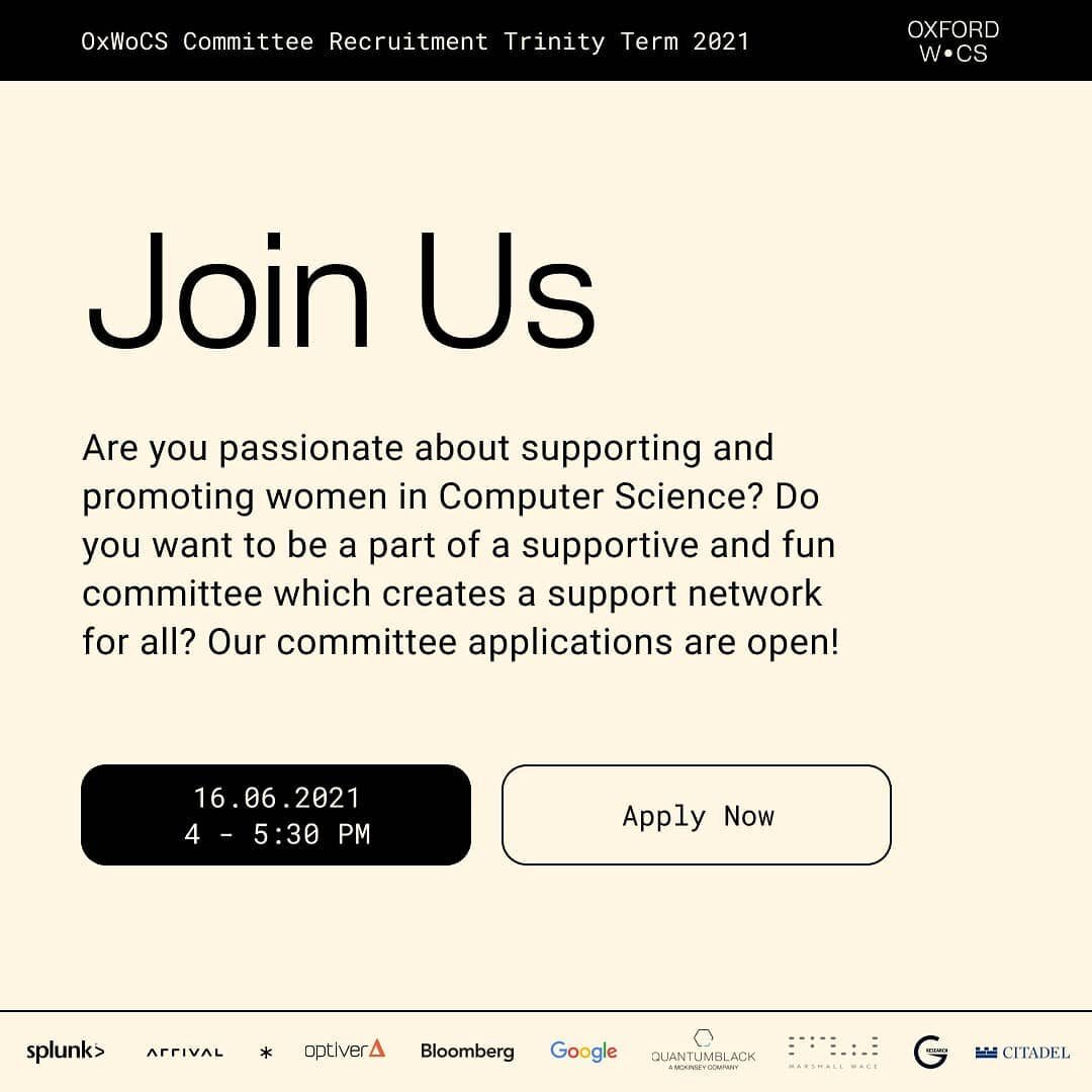 We're looking for our next rockstar committee!⭐🤩
We welcome applications from anyone who is passionate about promoting women in Computer Science, even if you haven't attended our events before. We are especially looking for a Vice President, Treasur