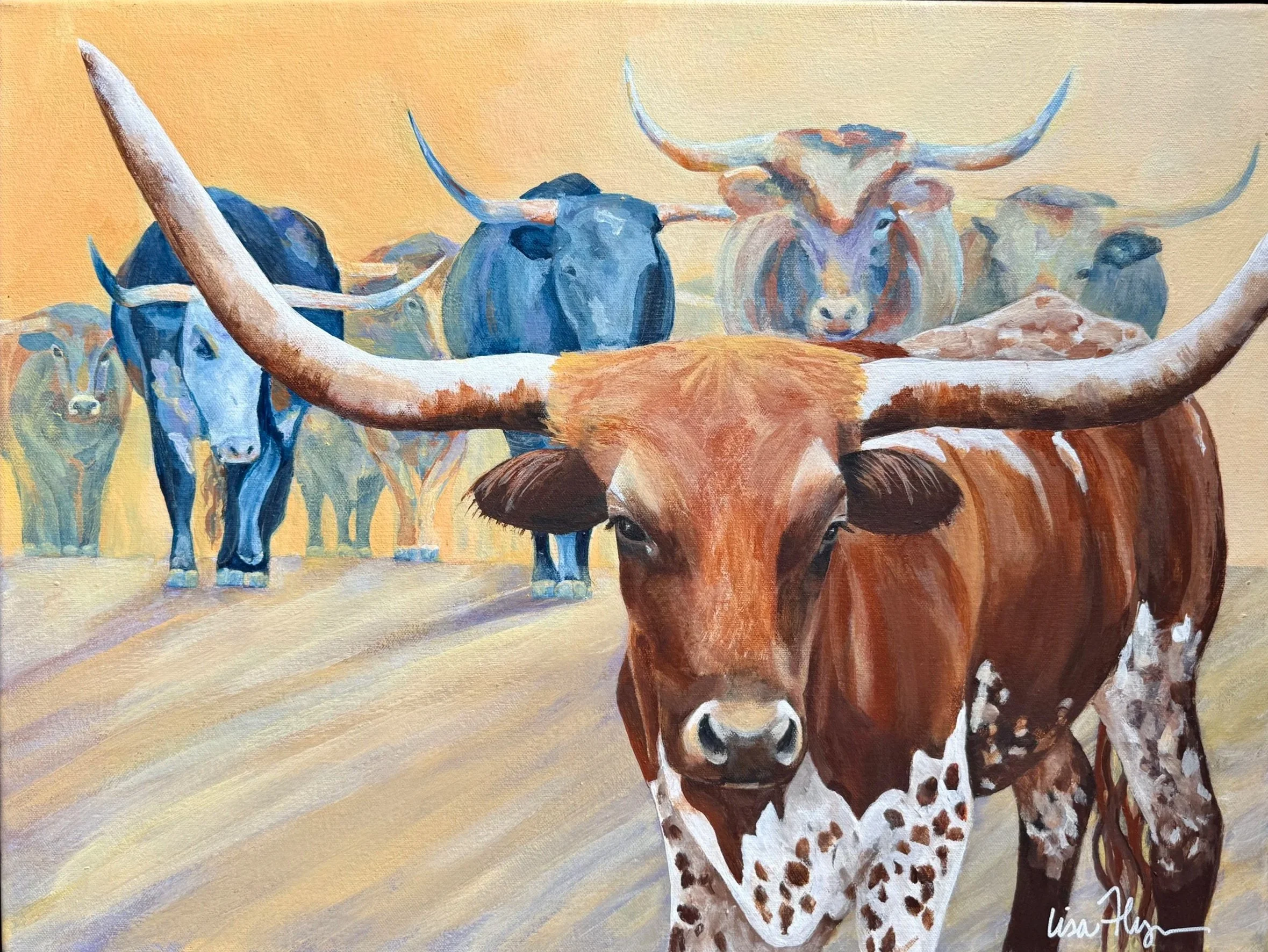 Painted image of a herd of Texas Longhorn cattle, with one prominent cow in the foreground and others in the background, featuring distinct long, curved horns.