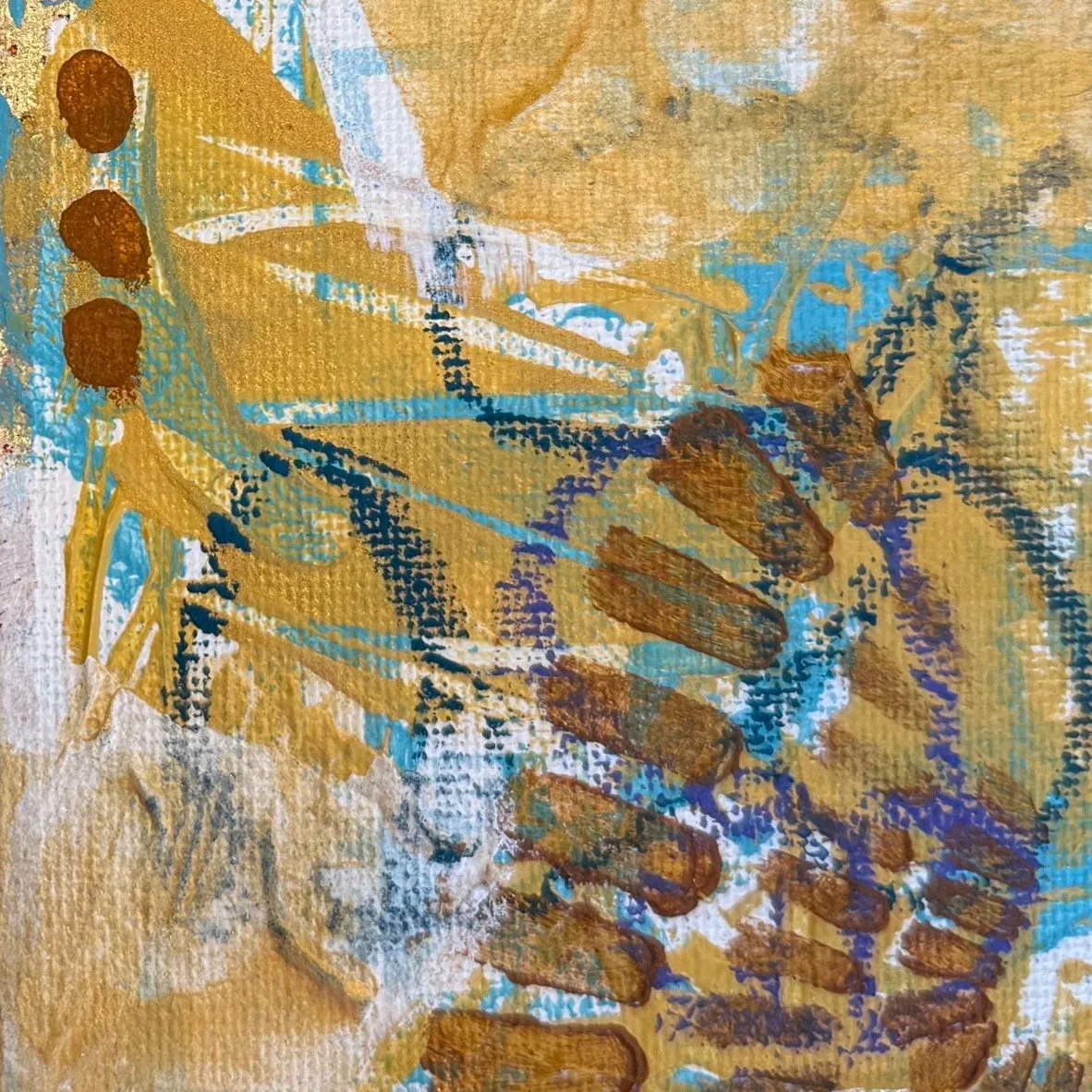 Abstract painting with yellow, brown, blue, and white brushstrokes and textured patterns.