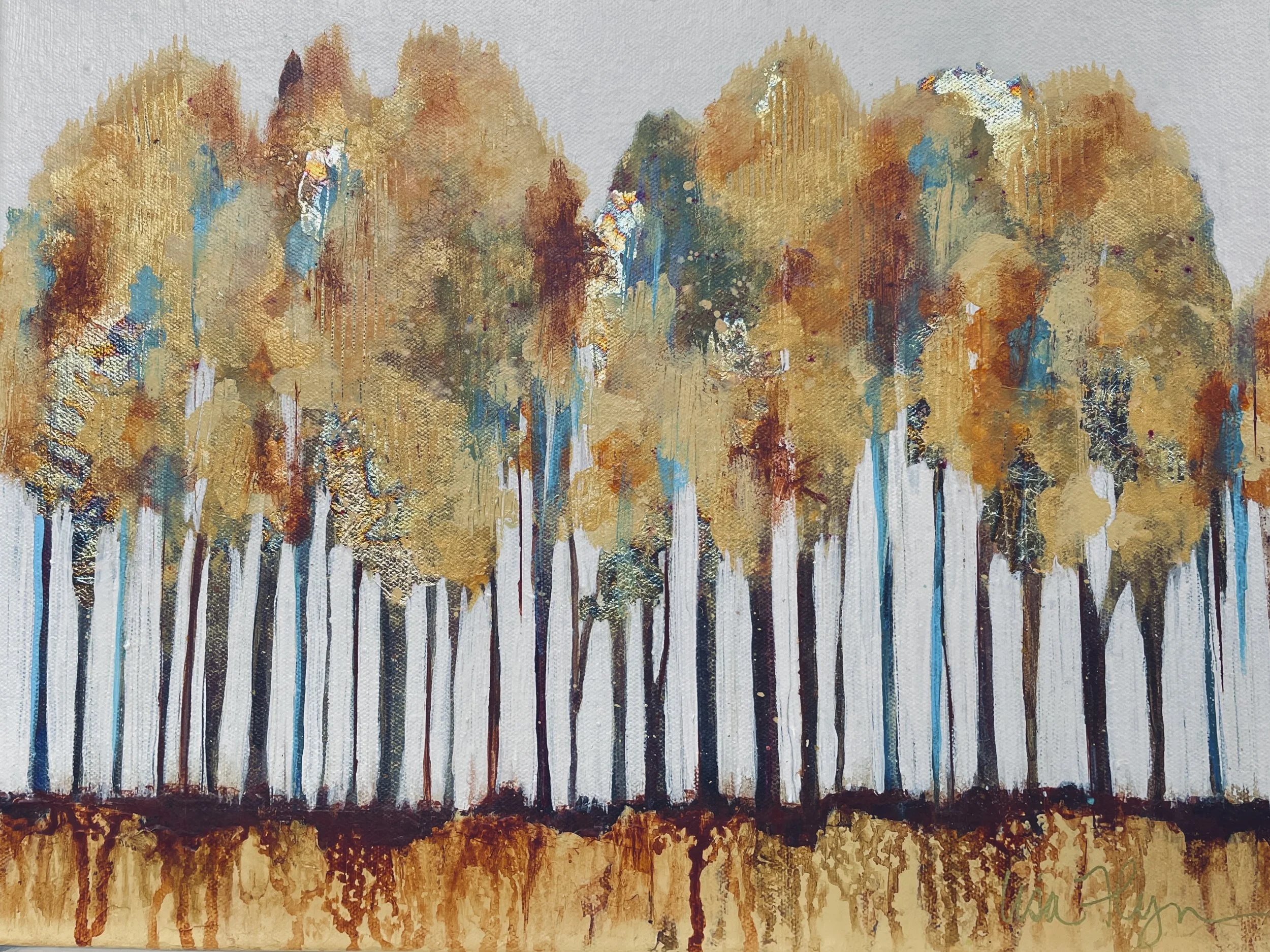 Abstract painting of a row of trees with golden and orange foliage, vertical stylized tree trunks, and drips of paint extending downwards on a white background.