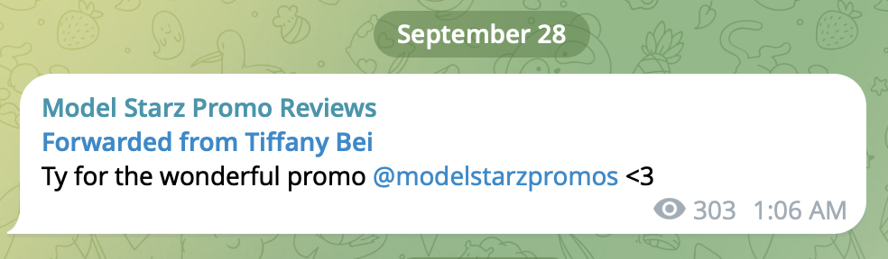Chat message from Tiffany Bei praising Model Starz for a promo, with a green background, date September 28, and timestamp 1:06 AM.