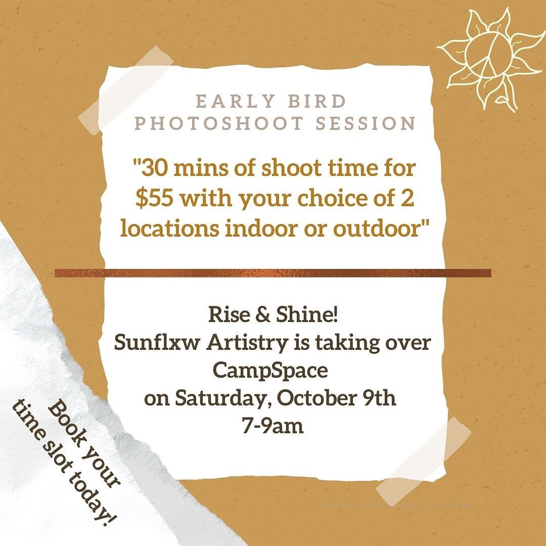 As I was making this announcement two spots were snatched 🌻💫 Secure your spot now for 7-7:30am or 7:30-8am to grab THE shot for your portfolio, media package, or content roll out 🌻🍂 #sunflxwartistry #earlybirdspecial #campspace #headshots #conten