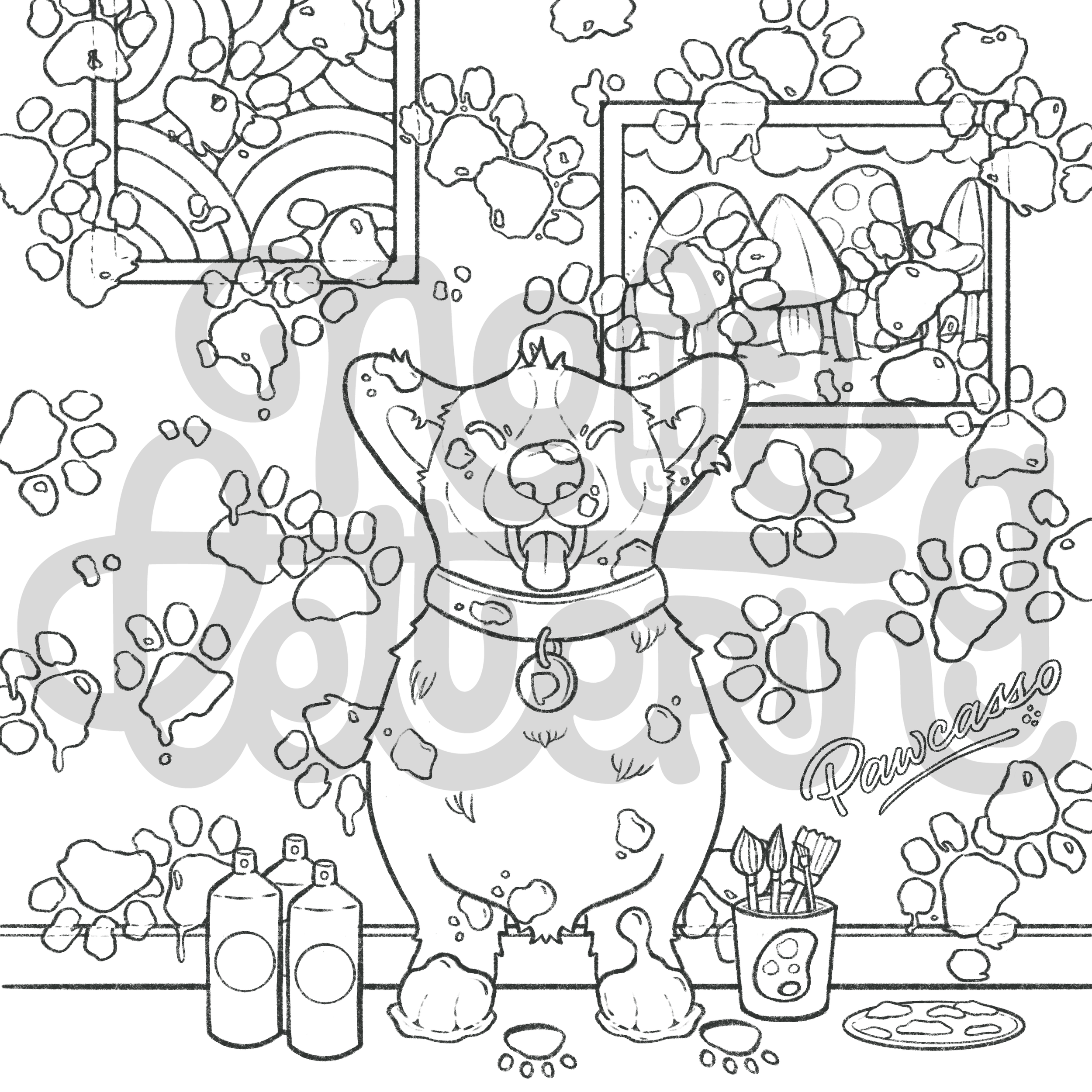 coloring page of a corgi proud of its work of art of paw prints all over the wall