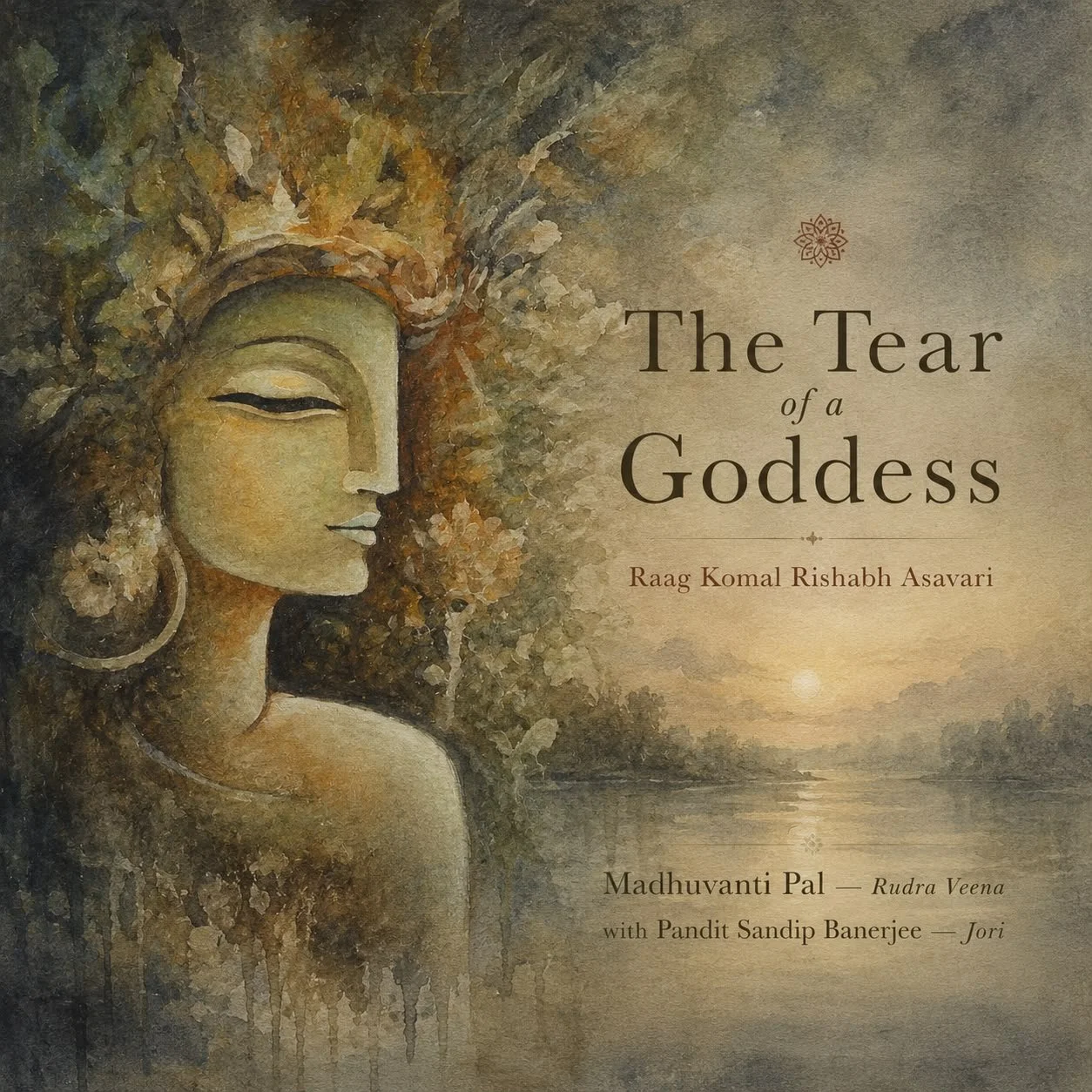 Book cover titled 'The Tear of a Goddess' by Raag Komal Rishabh Asavari, featuring a painting of a serene goddess with closed eyes, large earrings, and surrounded by natural scenery with trees and a river.