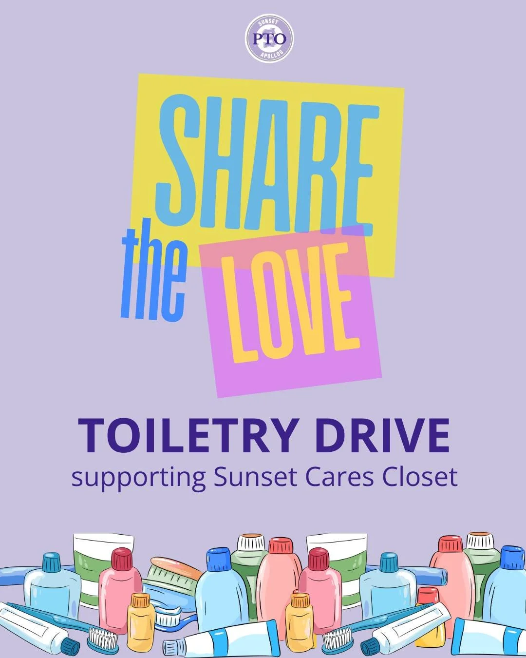 Time to SHARE THE LOVE, Sunset!  Our SHS Cares Closet is dramatically low on toiletry items-- toothpaste, deodorant, shampoo, conditioner, feminine products, &amp; toothbrushes.  You can check out the full set of needs on our Amazon wishlist (link in