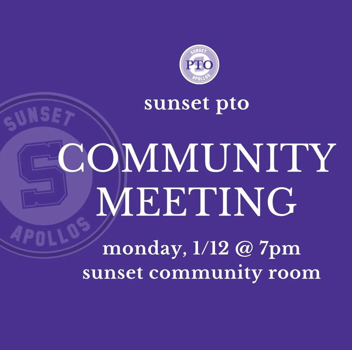 BACK AT IT!  Join us this Monday, 1/12 for our first community meeting of the year. Learn more about Sunset, review some Apollo Giving grants &amp; have your questions answered! 🎉💜🎉