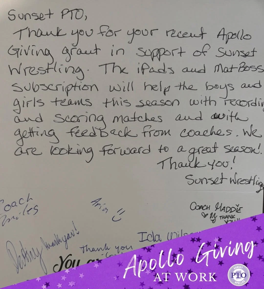 THANK YOU APOLLO GIVING DONORS! Because of you, Sunset PTO can support the students, programs &amp; classrooms of SHS. We are proud to boost the efforts of @sunset_apollo_wrestling 💜💜