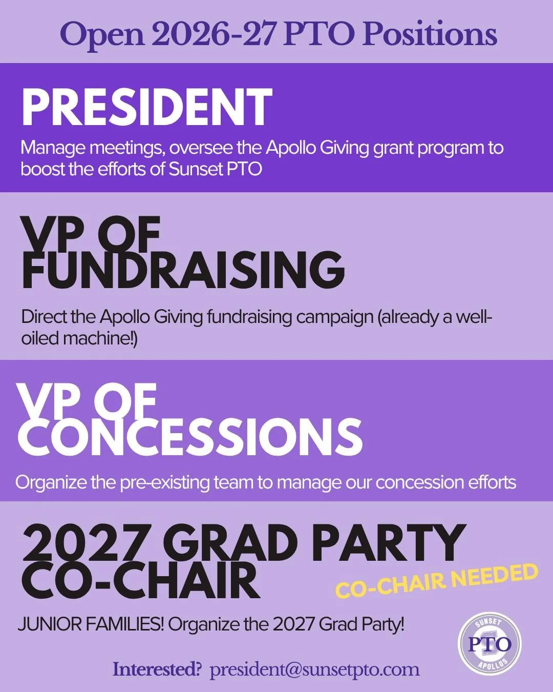 Next year's party is ALREADY STARTING! Take a peek at our open PTO positions for 2026-27. All are completely approachable &amp; POSSIBLE FOR ALL. 😍😍

Let Hannah &amp; Rebecca know if you are interested! (president@sunsetpto.com).