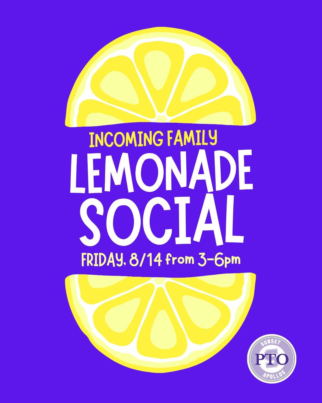 INCOMING FAMILIES! Stop by our PTO lemonade stand on Friday, 8/14 from 3-6pm during Apollo Preview Days! Say hello, meet other families, chat with Sunset students &amp; get your questions answered.  We'd love to welcome you!💜💜