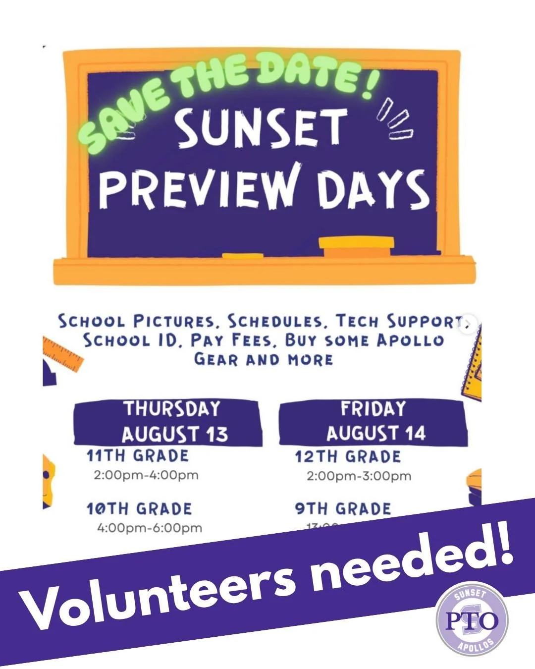 Help make Sunset Preview Days as easy as possible! Volunteers are needed to support the picture check-in &amp; pass out schedules.  Come say hi &amp; help a school out! 🎉🎉 Link in bio!