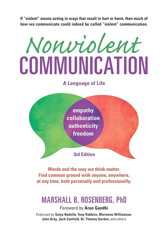 The cover of a book titled 'Nonviolent Communication' by Marshall B. Rosenberg, PhD.