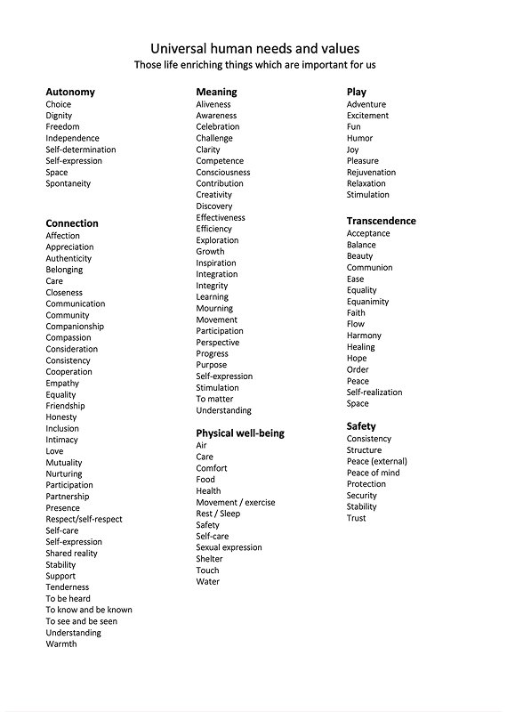 A list titled "Universal human needs and values".