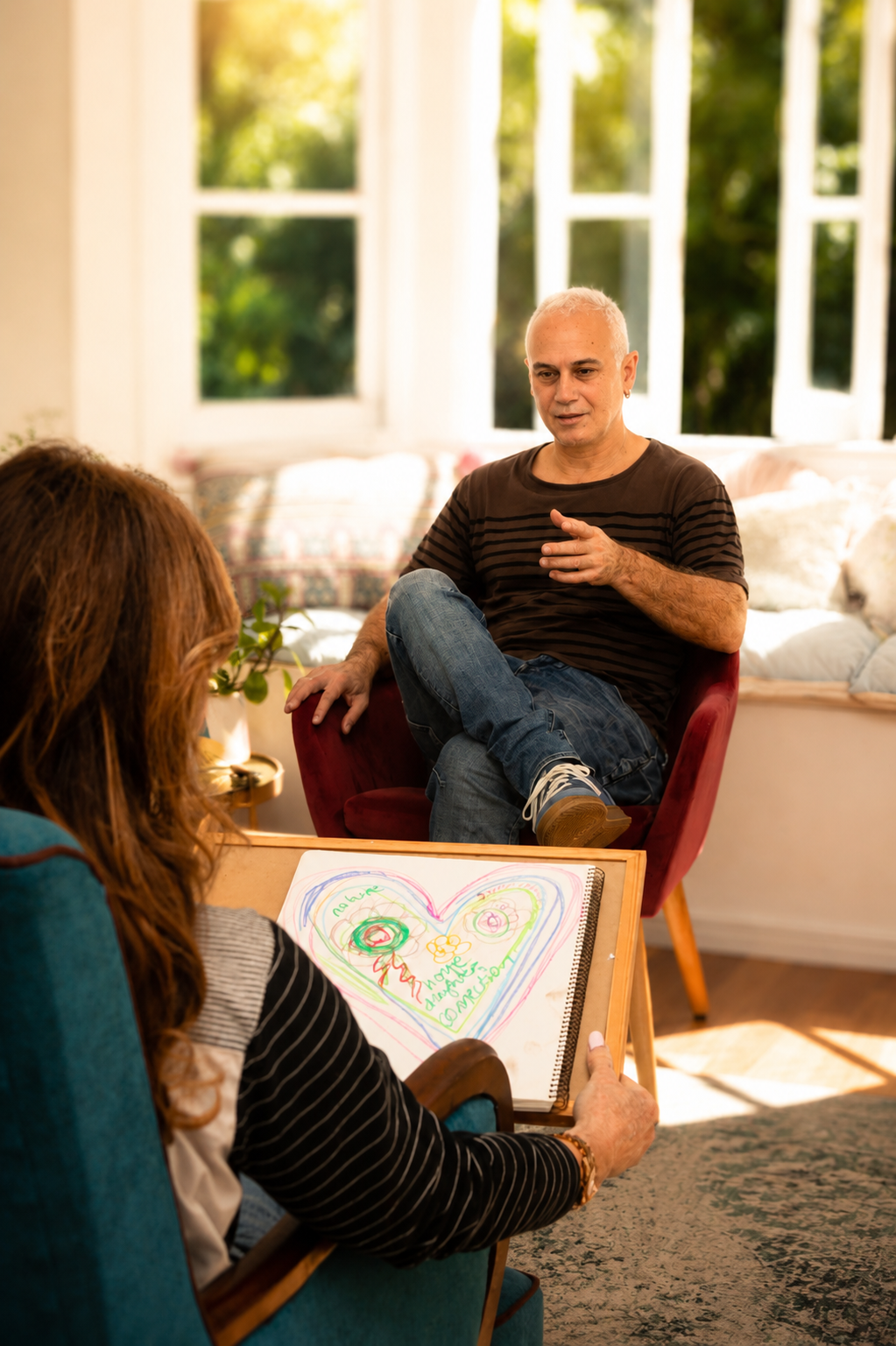 Client using a drawing exercise during a counselling session as part of exploring thoughts, emotions and relationships.