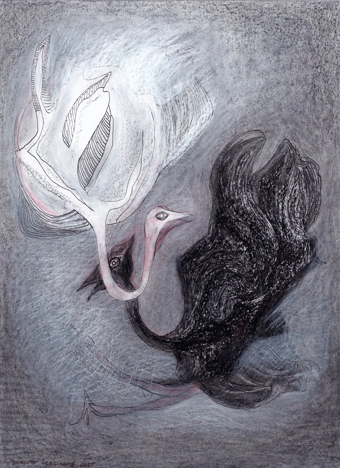 Flight and fall. 2025. Ink, crayon, paper. 42 x 30.