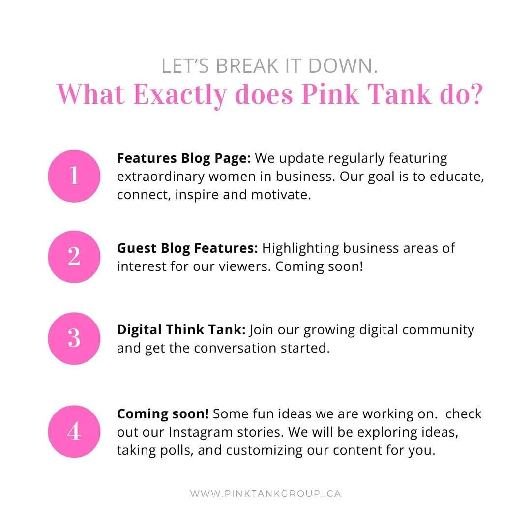 So...what on earth is it that we&rsquo;re doing over here at Pink Tank?! 👩&zwj;💻 👩&zwj;💻

👉 We are working to update our website regularly featuring extraordinary women in business. Our goal is to educate, connect, inspire and motivate.

👉 We a
