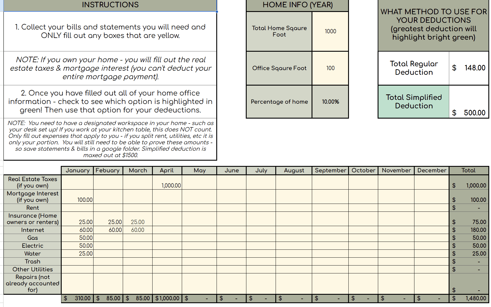 Google sheet calculator displayed with numbers plugged in calculating home office deduction savings for small business