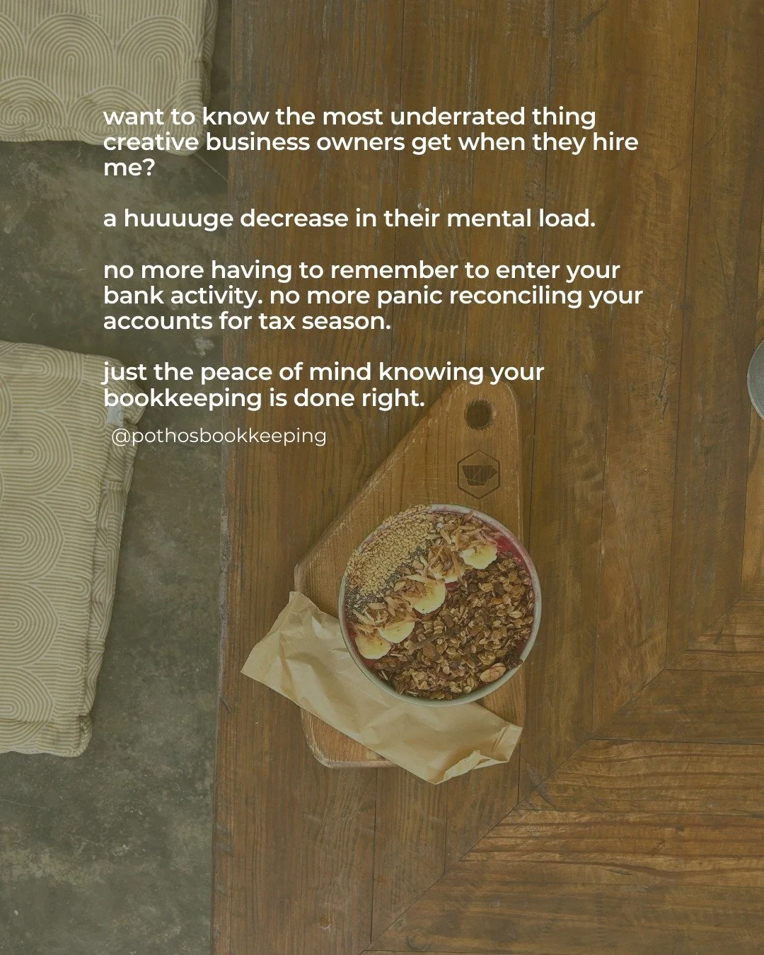 Hot take: the biggest win my creative clients get is NOT done-for-you bookkeeping...

It's the insane amount of mental space they get back when they don't have their bookkeeping weighing on the back of their minds.

All of a sudden, my clients no lon