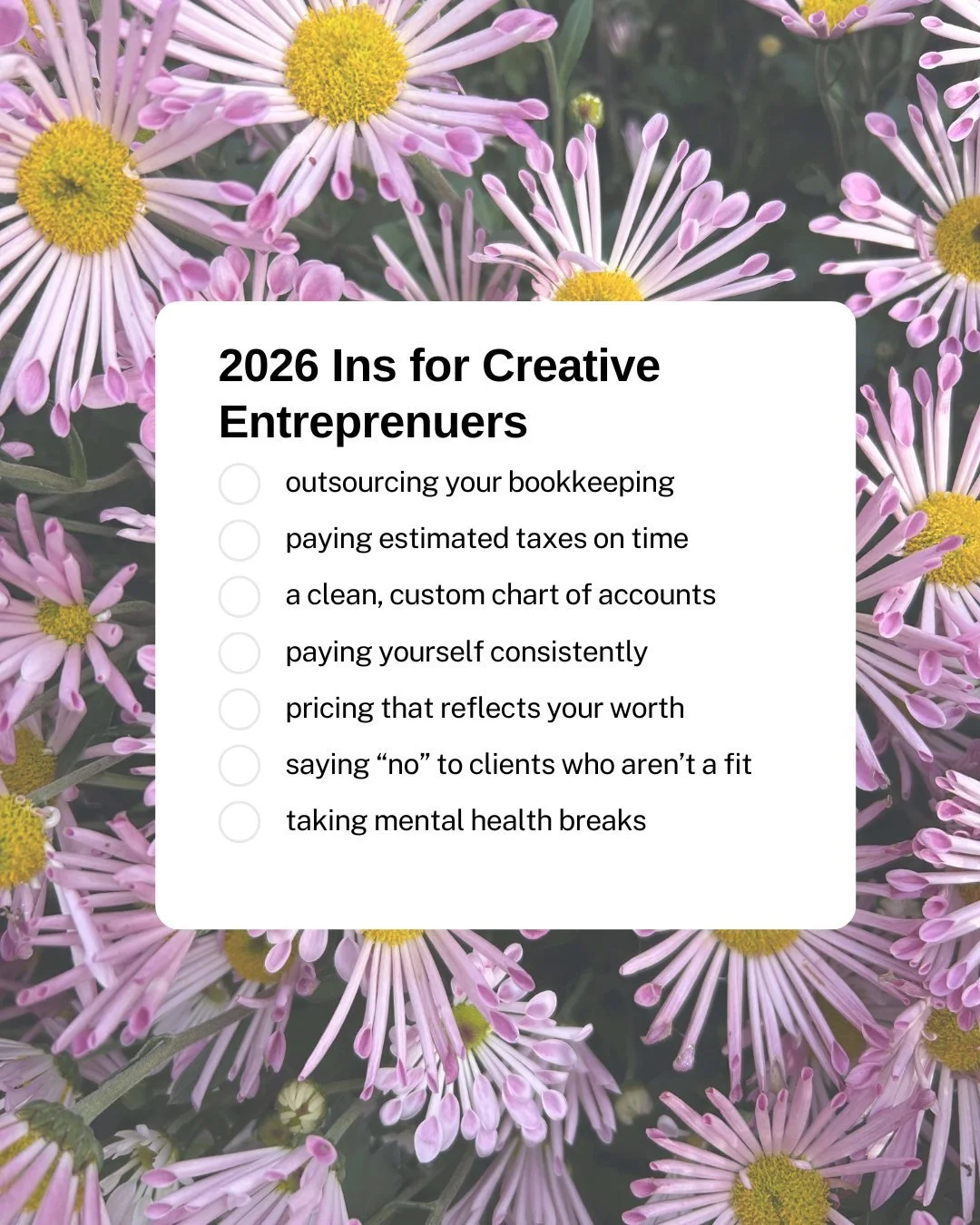 If it's giving stress, bookkeeping burnout, or misalignment... it is OUT in 2026! 👋

2026 is the year for:

&rarr; Outsourcing outside of your zone of genius (aka buying back your time)

&rarr; Paying yourself consistently

&rarr; Saying "no&qu