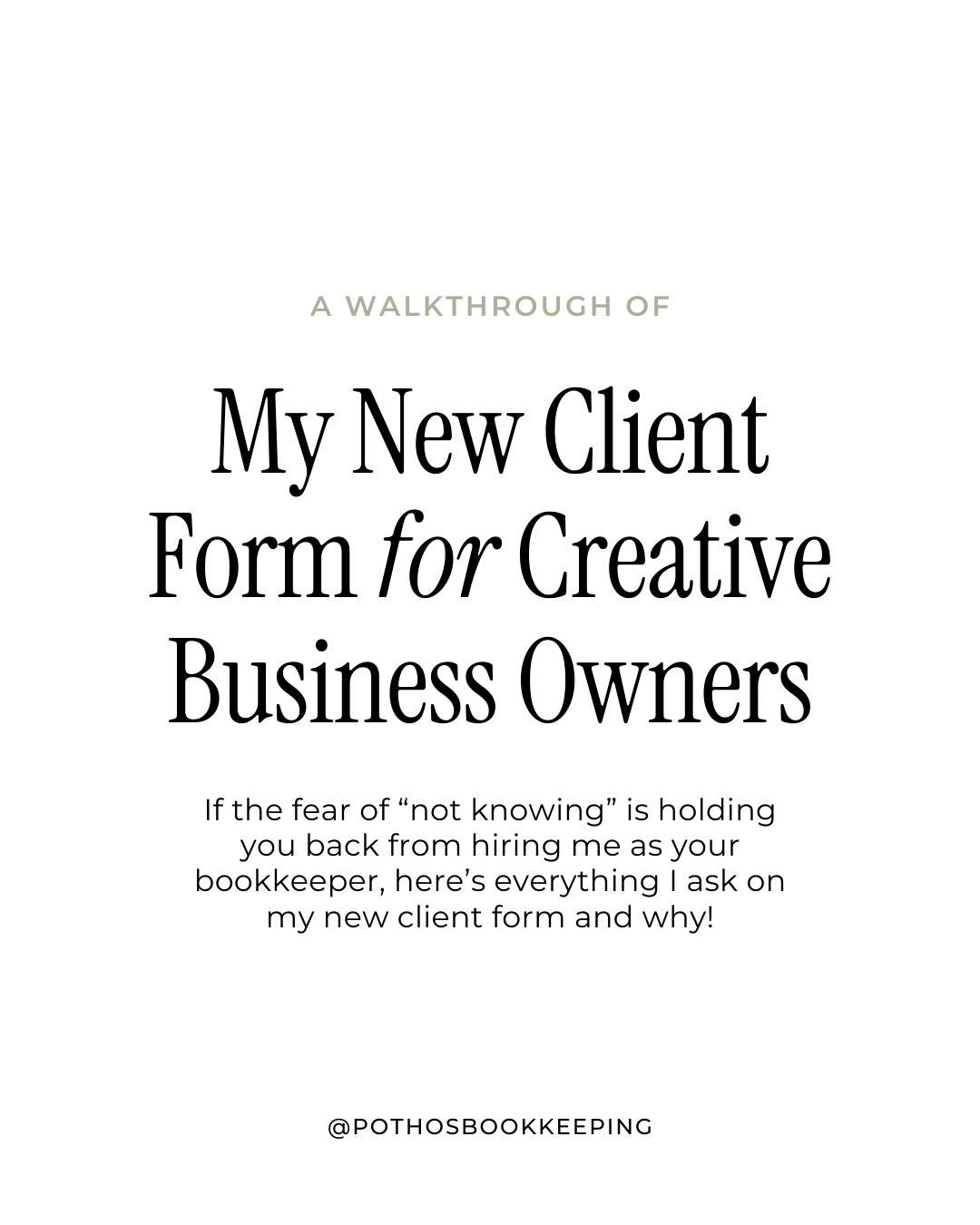 Hiring a bookkeeper for the first time can feel a little daunting... 🥴

At Pothos Bookkeeping, I strive to make the process as transparent as possible so that you know what to expect when you click on my New Client form. 

Swipe to learn the big thi