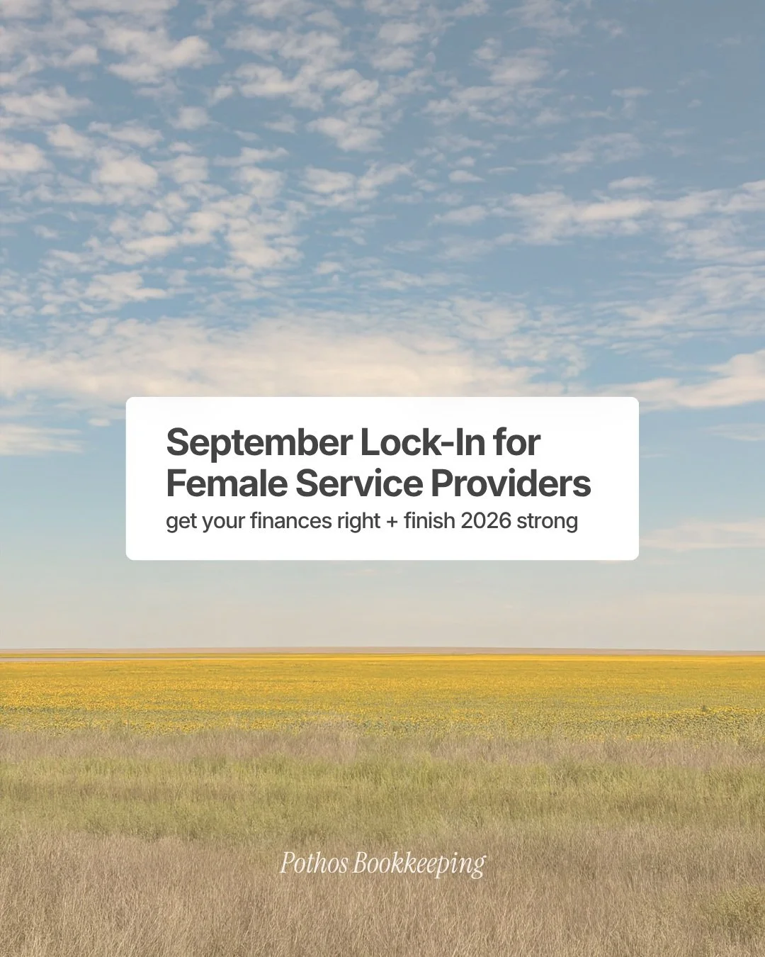 September is the month to lockkkk in on your online service business! 🔒

P.S. Want the freedom to truly focus on working *in* your business?

Hand your bookkeeping over to me and focus all your time on your own client work!! 

New client form is in 