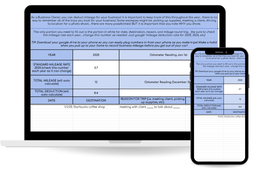 DIY bookkeeping google sheet calculator displayed on mobile device showing calculated mileage for small business owners