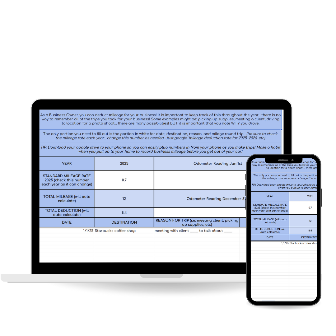 DIY bookkeeping google sheet calculator displayed on mobile device showing calculated mileage for small business owners
