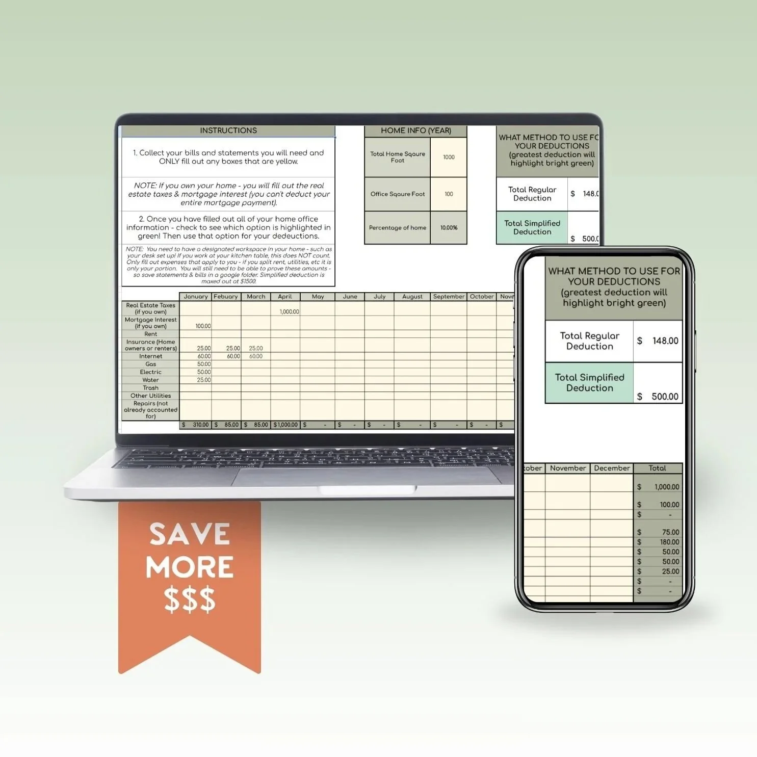 Google sheet calculator displayed on mobile device showing calculated home office deduction for small business owners