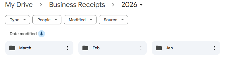 Screenshot showing google drive folder titled Business Receipts with sub folders for the year and each month