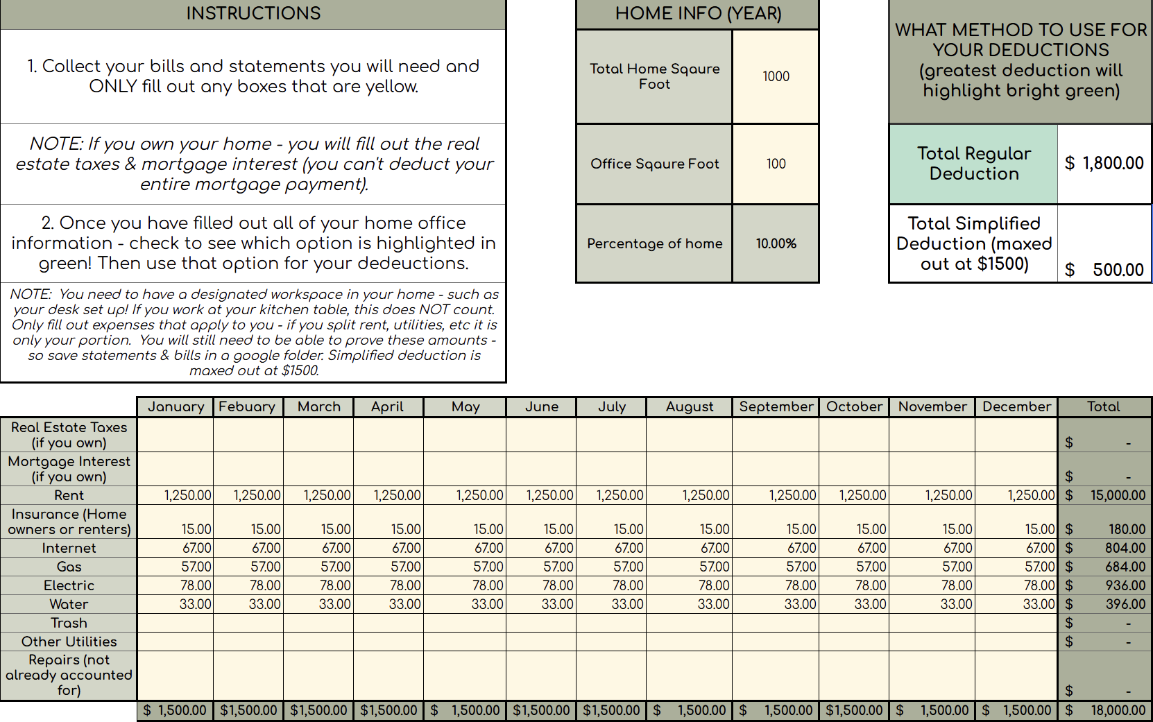 Screenshot of home office deduction calculator demonstrating saving more using the actual method over simplified method