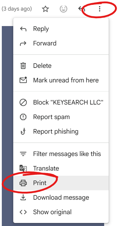 image showing how to save pdf from email using the three dots in top right corner and selecting "print"