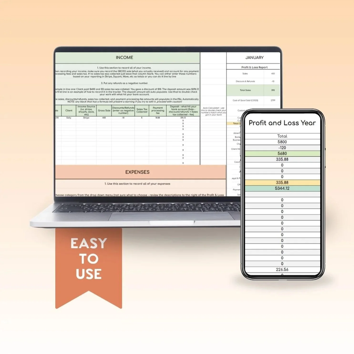 DIY bookkeeping google sheet calculator displayed on mobile device showing profit and loss report for small business