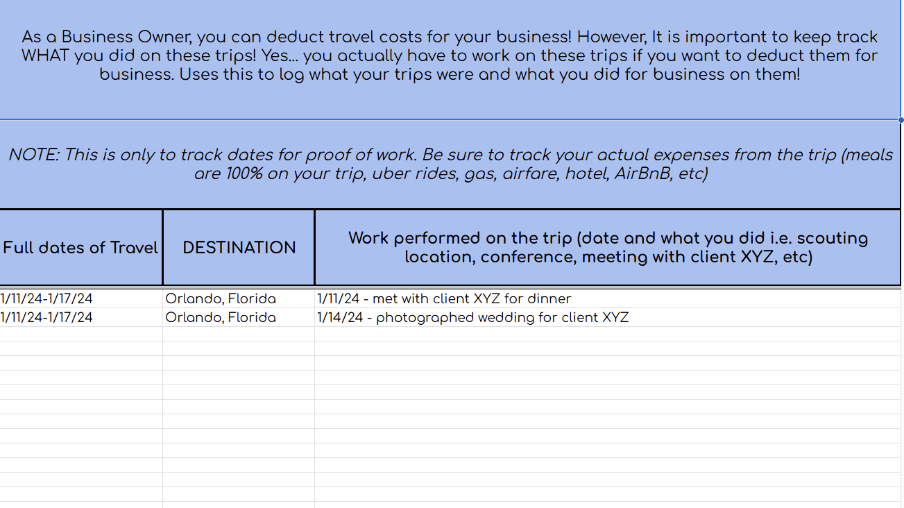 DIY bookkeeping google sheet displayed on mobile device showing easy to use travel log for business trips