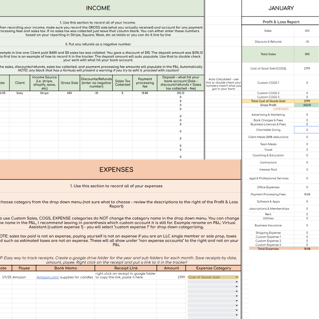 DIY bookkeeping google sheet calculator displayed on mobile device showing profit and loss report for small business