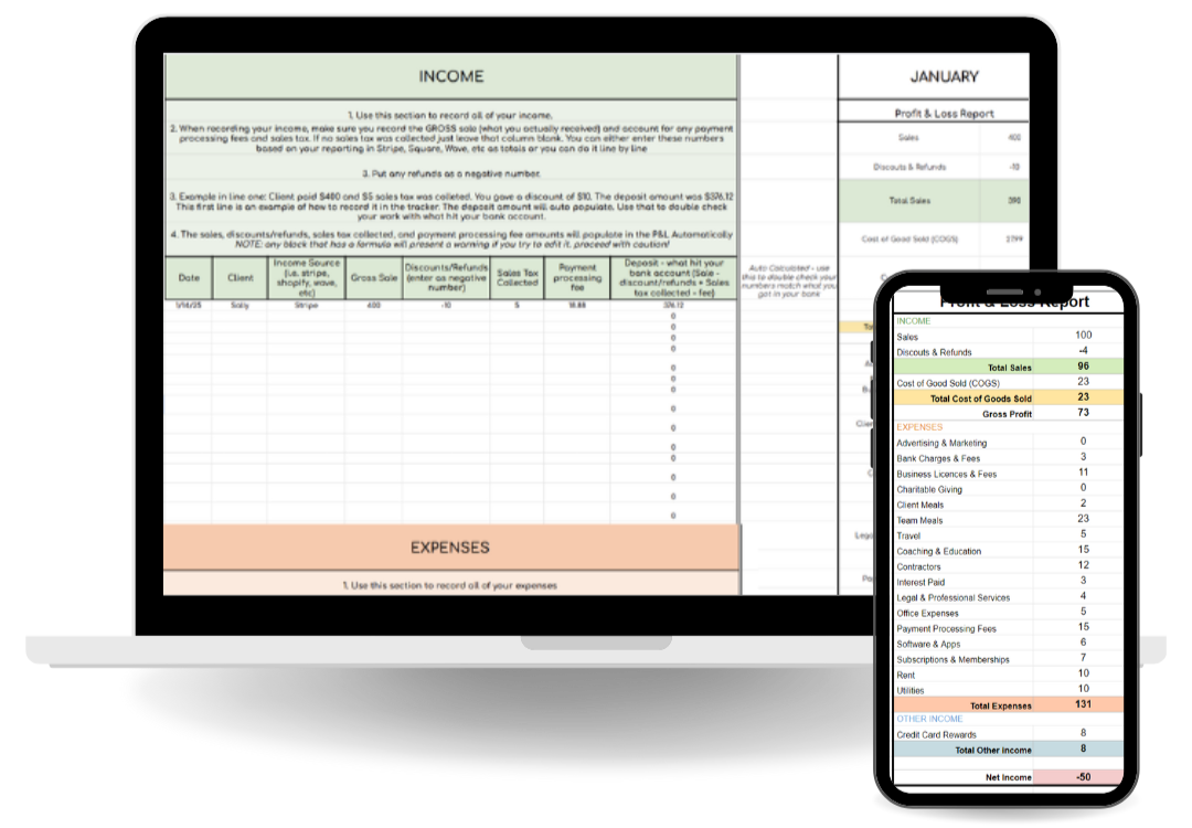 DIY bookkeeping google sheet calculator displayed on mobile device showing profit and loss report for small business